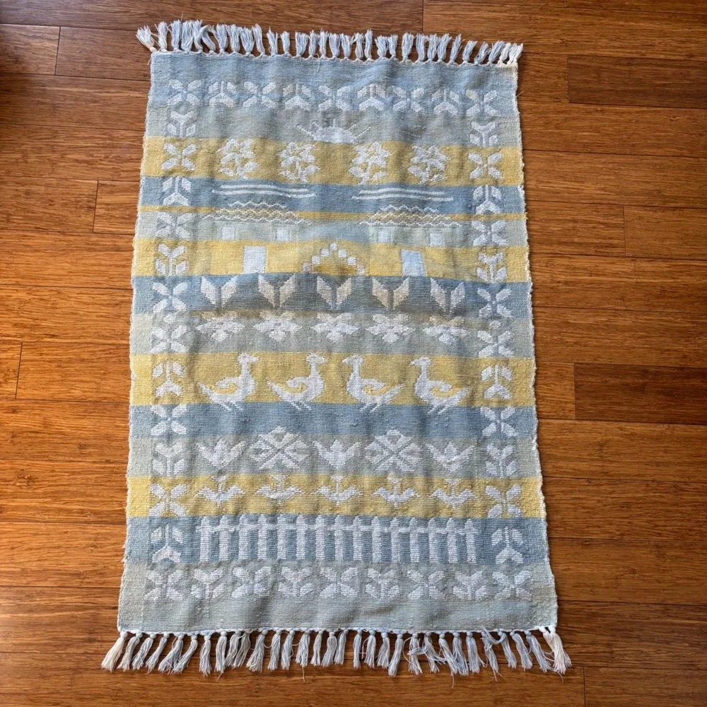 Vintage Folk Art Handwoven Rug | Blue, Yellow, Ducks | 26x40 + Fringe